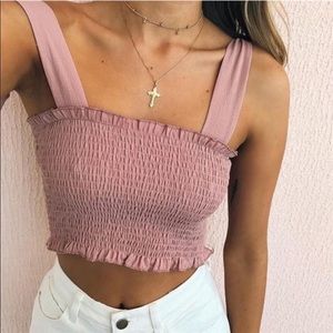 ‘Kendall’ pink shirred crop top with shoulder tie